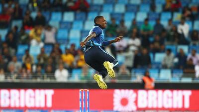 DUBAI, UNITED ARAB EMIRATES - JANUARY 29: Fidel Edwards of Leo Lions celebrates taking the wicket of Rory Kleinveldt of Capricorn Commanders during the Oxigen Masters Champions League 2016 match between Capricorn Commanders and Leo Lions at Dubai International Cricket Stadium on January 29, 2016 in Dubai, United Arab Emirates. (Photo by Francois Nel/Getty Images)