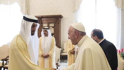 Pope Francis with Mohammed Mubarak Al Mazrouei, Undersecretary of the Crown Prince Court of Abu Dhabi. Ryan Carter / Crown Prince Court - Abu Dhabi