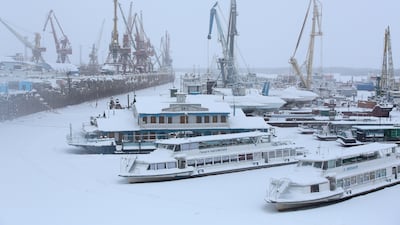 Ferries in the frozen Yakut port on the Lena River. Bloomberg