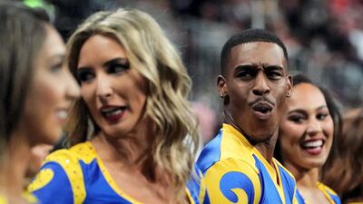 Rams cheerleader Quinton Peron reacts during Super Bowl LIII between the New England Patriots and the Los Angeles Rams at Mercedes-Benz Stadium in Atlanta, Georgia. AFP