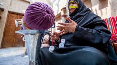 Talli is created by twisting and braiding strands of thread to crate long strips of textile with fine, elaborate patterns.