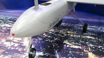 Above, the Seeker 400 drone at Denel’s UMEX 2016 booth in Abu Dhabi. Reem Mohammed / The National