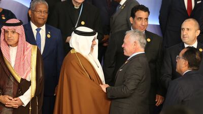 Bahrain's Crown Prince Salman bin Hamad greets King Abdullah II of Jordan during a photo session at Cop27. Bloomberg