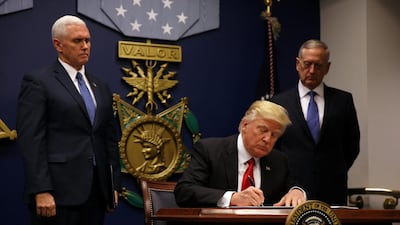 Donald Trump signs an executive order he said would impose tighter vetting to prevent foreign terrorists from entering the United States at the Pentagon in Washington, US, January 27, 2017. REUTERS/Carlos Barria