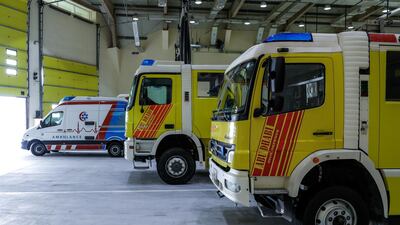 The modern fleet of fire trucks and ambulances at the garage