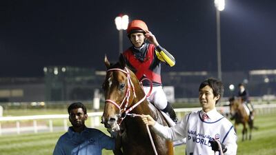 Ryan Moore on Real Steel from Japan celebrates after winning the Dubai Turf race during the Dubai World Cup 2016 at the Meydan race course in Gulf emirate of Dubai, United Arab Emirates, 26 March 2016. The Dubai World Cup is one of the richest events in the horse racing sporting calendar. EPA/ALI HAIDER