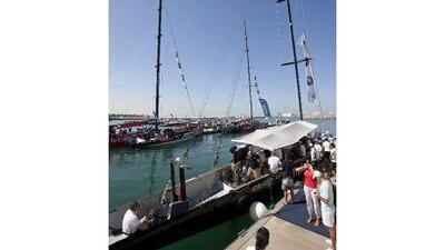 The All4One yacht is pulled out to sea to start the Louis Vuitton Trophy race at the Dubai International Marine Club.