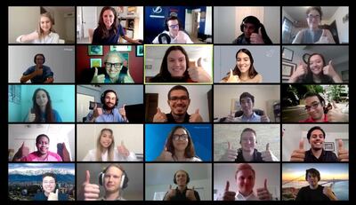 Employees and interns of JP Morgan participate in a video conference via Zoom last week. Reuters