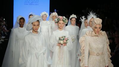 Model Feriel Moulai, front, for Jaqar at Modanisa Modest Fashion Week. Photo: Rooful Ali