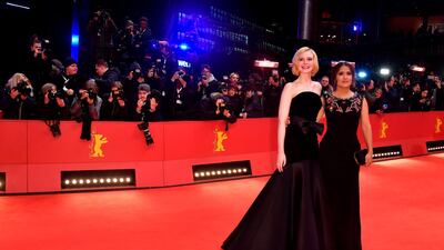 Elle Fanning and Salma Hayek at the premiere of the film 'The Roads Not Taken' screened in competition on February 26 at the 70th Berlinale film festival in Berlin. AFP