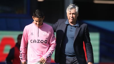 James Rodriguez with Carlo Ancelotti after the victory over West Brom at Goodison Park. AFP