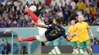 France's Olivier Giroud attempts to score with an overhead kick. AP
