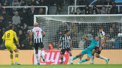 Felix Nmecha scores for Dortmund. AP