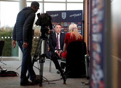 England women's football manager Phil Neville during a interview. Carl Recine / Reuters