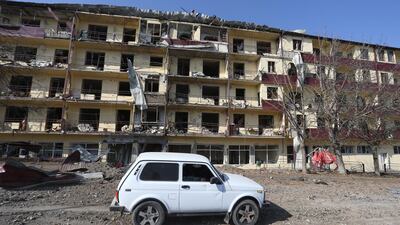 A damaged residential building in the town of Shusha in Nagorno-Karabakh on October 29, 2020, after Azerbaijani shelling. EPA
