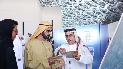 Sheikh Mohammed bin Rashid, Vice President and Ruler of Dubai, directs the launch of the UAE Cultural Development Fund, which will be overseen by the Ministry of Culture and Knowledge Development, during a one-day retreat at Louvre Abu Dhabi. Seen with Noura Al Kaabi, Minister of Culture and Knowledge Development. Wam
