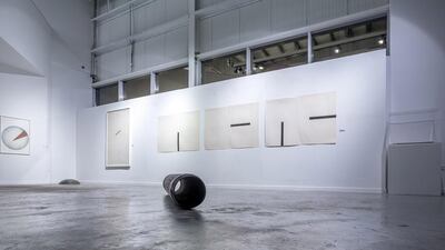 Robert Grosvenor’s seven-foot-long Steel Pipe (1975), centre, displayed as part of the exhibition, Artist Run New York: the Seventies. Musthafa Aboobacker / Jean-Paul Najar Foundation