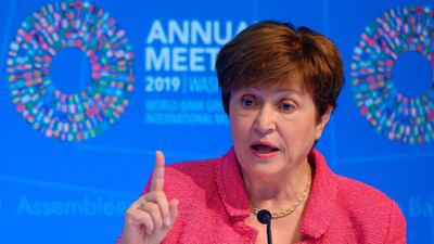 At a briefing during the IMF/World Bank 2019 Annual Fall Meetings IMF Managing Director Kristalina Georgieva called for a review of the world trading system to cope with technological disruption and uncertainty of climate change which impact global growth. AFP