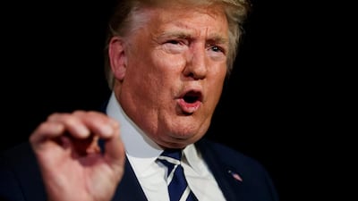 President Donald Trump speaks with reporters as he walks to Marine One on the South Lawn of the White House, in Washington. AP