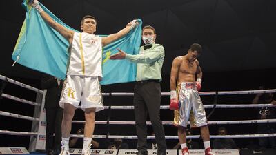 Trusynbay Kulakhmet of Kazakhstan winning over Venezuelan boxer Heber Rendon at the Rotunda, Ceasar's Palace, Bluewaters Island, Dubai. Leslie Pableo for The National