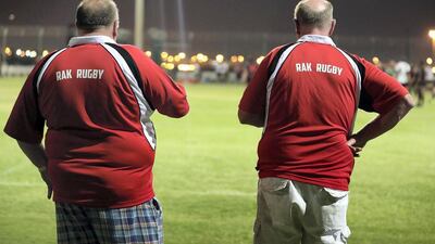 Representatives from RAK rugby watch a friendly game between Abu Dhabi clubs Harlequins and Saracens at AL Ghazal on May 25, 2018. Pawan Singh / The National