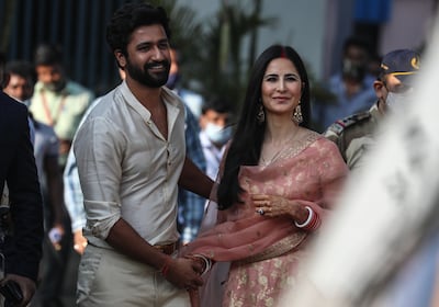 Bollywood actors Vicky Kaushal and Katrina Kaif, a few days after their wedding, in Mumbai, on December 14, 2021. EPA