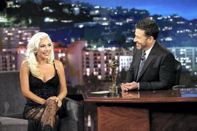Lady Gaga on 'Jimmy Kimmel Live!' with her Oscar. Getty Images