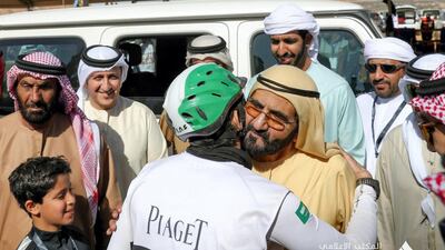 Sheikh Hamdan bin Mohammed, Crown Prince of Dubai, is greeted by his father, Sheikh Mohammed bin Rashid, Vice President and Ruler of Dubai. Courtesy: Dubai media Office