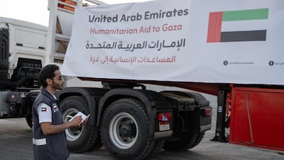 The aid convoys comprised 66 lorries, with the supplies prepared at the UAE logistics centre in Al Arish, Egypt. Photo: Wam