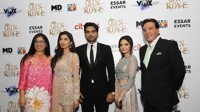 The stars of the Pakistani romance Bin Roye pose during the film’s Dubai premiere at Vox Cinemas on July 15. From left: Producer/director Momina Duraid with actors Mahira Khan, Humayun Saeed, Armeena Rana Khan and Javed Sheikh. Jeffrey E Biteng / The National