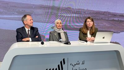 UAE Minister of State for Government Development and the Future Ohood Al Roumi, Margareta Drzeniek, managing partner with Horizon Group, Nigel Holloway, chief executive of Newsweek Vantage, at the launch of the index. Photo: The National