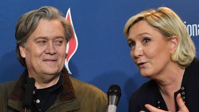Former White House strategist Steve Bannon has given a big boost to French far right leader Marine Le Pen, telling a cheering crowd at a congress of her National Front party that "history is on our side" / AP