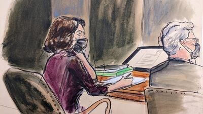 In this courtroom sketch, Ghislaine Maxwell sits with defence lawyer Jeffrey Pagliuca, listening to evidence in her trial. AP