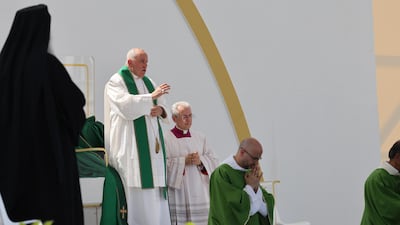Pope Francis leads a mass during a pastoral visit on the 50th Social Week of Italian Catholics, at Piazza Unita d'Italia in Trieste, Italy, on Sunday. EPA