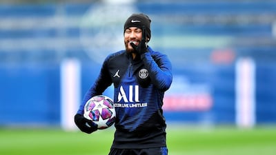 Neymar during a training session at Ooredoo Center in Paris, France. Paris Saint-Germain will face Borussia Dortmund in their Champions League round of 16 second leg match. Getty