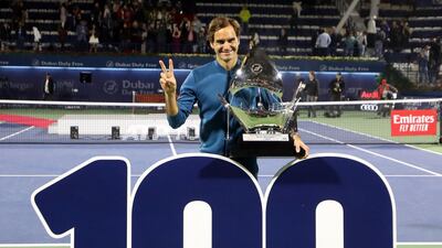 Roger Federer after winning his 100th title at the Dubai Duty Free Tennis Championship in 2019. AFP