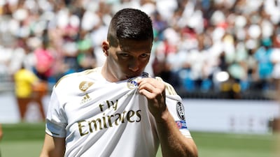 Luka Jovic poses during his presentation at Santiago Bernabeu. EPA