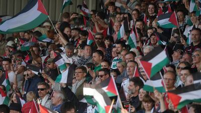 Irish fans wave Palestinian flags before the game. PA