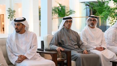 From left, Sheikh Hamdan bin Zayed, Ruler’s Representative in Al Dhafra Region; Sheikh Mansour bin Zayed, Vice President, Deputy Prime Minister and Minister of the Presidential Court; and Sheikh Khaled bin Mohamed, Crown Prince of Abu Dhabi and chairman of Abu Dhabi Executive Council, attend the meeting with Mr Ramos-Horta