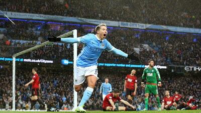 Manchester City’s Samir Nasri celebrates scoring against West Bromwich Albion during the Premier League football match at the Etihad Stadium, Manchester, England, Saturday April 9, 2016. (Martin Rickett/PA via AP)