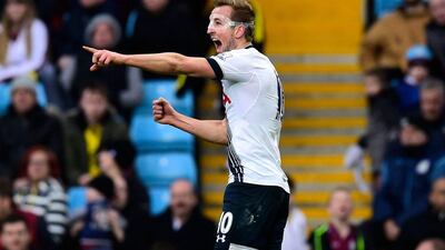 Harry Kane of Tottenham Hotspur celebrates as he scores their first goal during the Premier League match between Aston Villa and Tottenham Hotspur at Villa Park on March 13, 2016 in Birmingham, England. (Photo by Stu Forster/Getty Images)