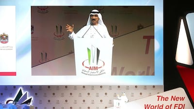 Sultan bin Sulayem, the chairman and chief executive of DP World, speaks on the first day of Annual Investment Meeting in Dubai. Pawan Singh / The National