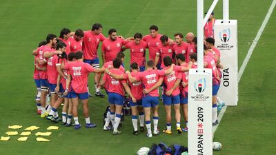 Uruguay warm up wearing 'Keep Rugby Clean' t-shirts before the Group D game against Australia. Getty