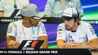 Lewis Hamilton of Mercedes and Fernando Alonso of McLaren at a press conference during the Belgian Grand Prix over the weekend. Stephanie Lecocq / EPA / August 25, 2016