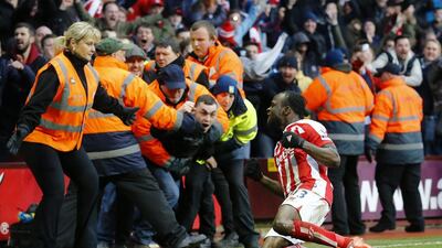 Victor Moses of Stoke City celebrates after scoring a stoppage-time winner from the penalty spot against Aston Villa in a 2-1 Premier League victory at Villa Park on Saturday. Darren Staples / Reuters