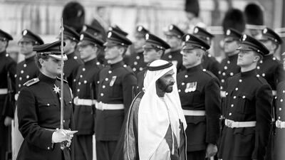 Sheikh Zayed inspects the Honourable Artillery Company's guard of honour at the Guildhall during a four-day state visit to Britain. Getty Images