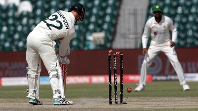 Australia's Mitchell Swepson is bowled by Pakistan's Shaheen Afridi. EPA