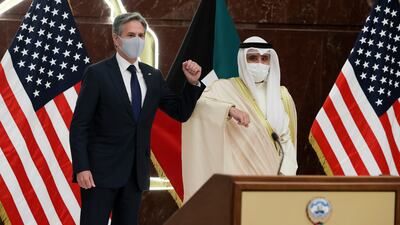 Kuwaiti Foreign Minister Sheikh Ahmad Nasser Al Sabah and U S Secretary of State Antony Blinken arrive for a news conference at the Ministry of Foreign Affairs in Kuwait City.