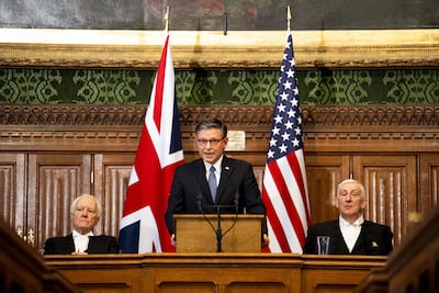 US House Speaker Mike Johnson told British MPs at the House of Commons in London that 'my mission here is to calm the waters'. AFP