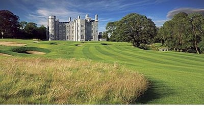 The view down the 18th hole at Killeen Castle. The original Norman castle was built by Hugh de Lacy in 1181 and restored after a fire in 1981.